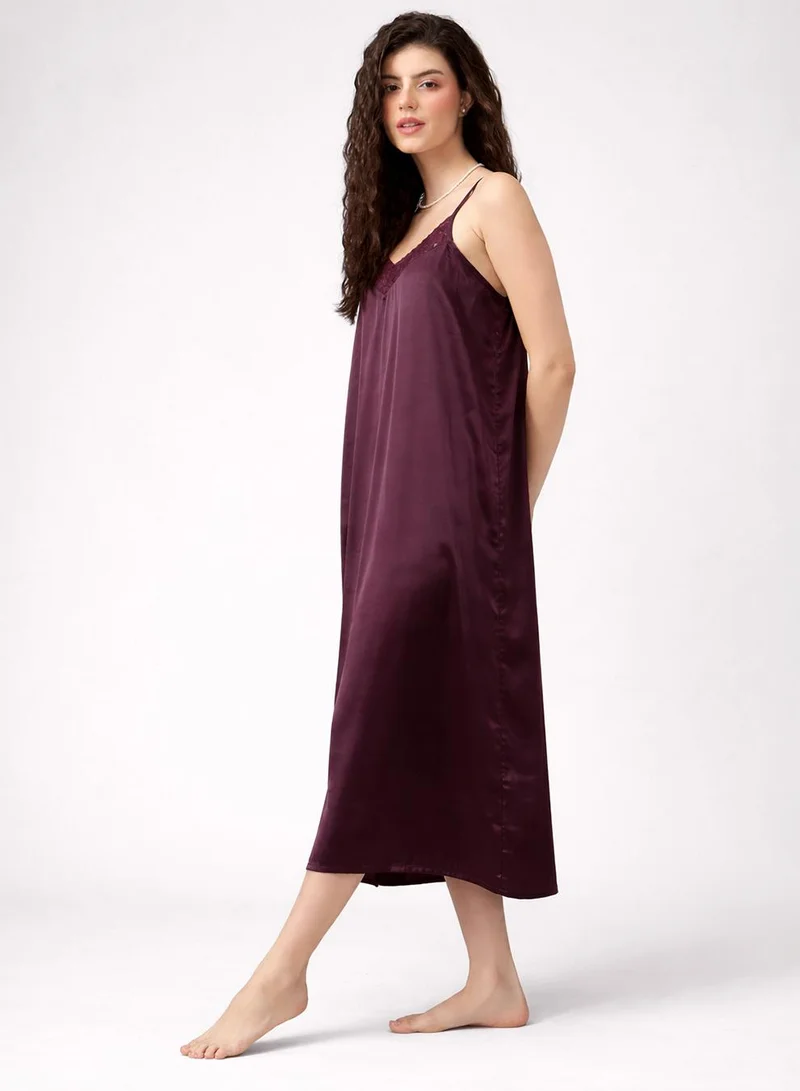 Clovia Purple Long Nighty & Robe Set in Wine Colour - Satin for Women | Best Price UAE